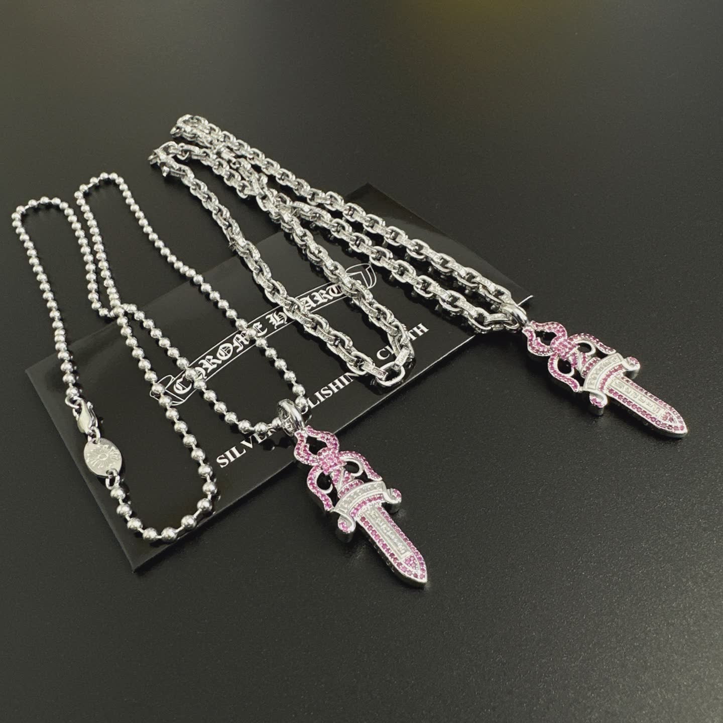 Chrome Hearts Silver Sword Pendant Necklace with Pink Stones